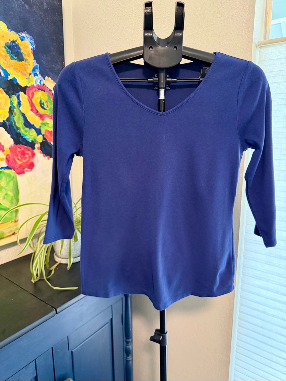 Chico’s Ultimate Tee Size 0 Blue 100% Cotton 3/4 Sleeve V Neck Top